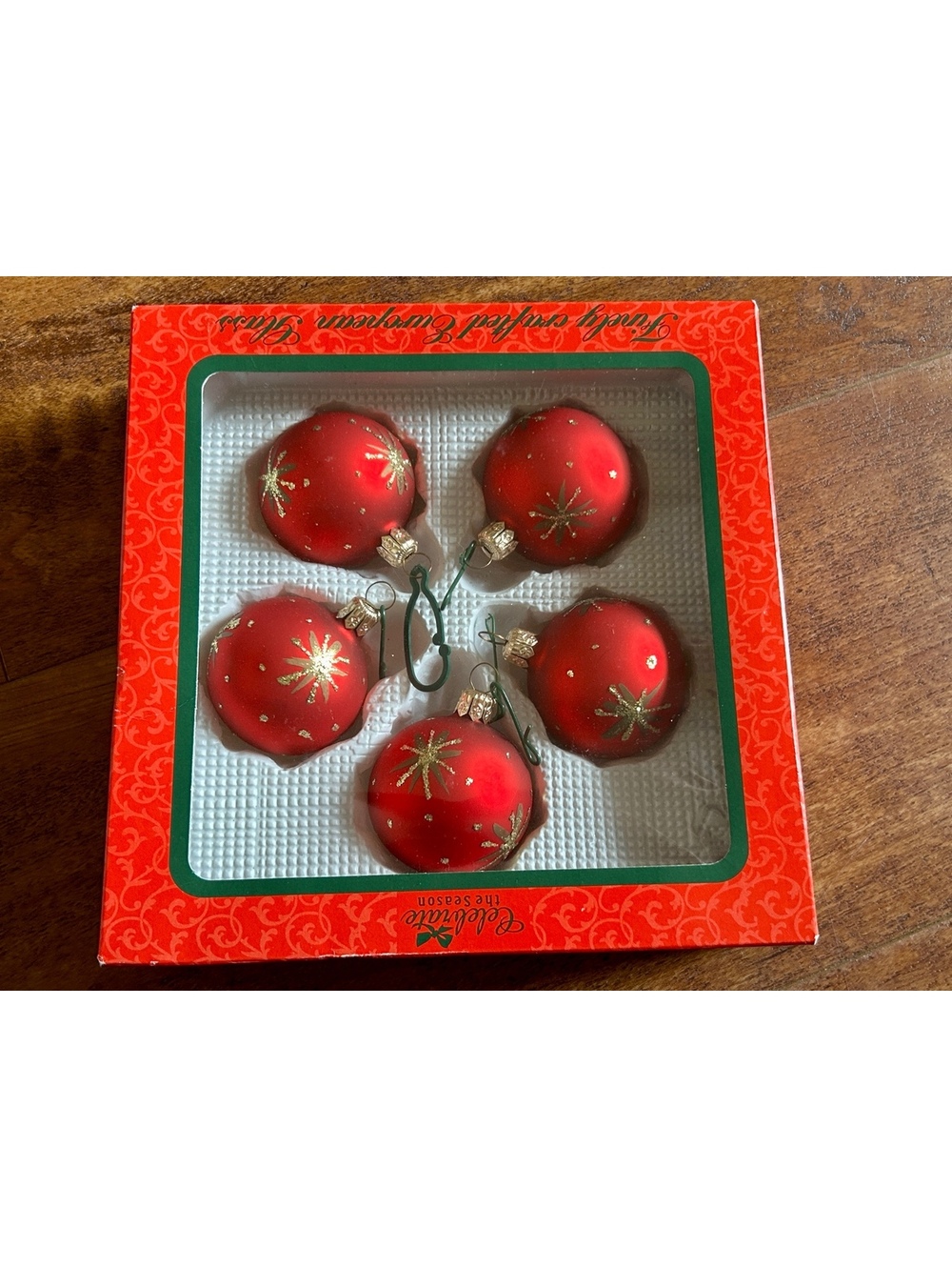 Vintage Sears Roebuck Christmas Glass Ornaments Set of 5 Red with Gold Glitter